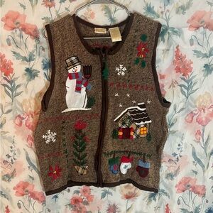 Vintage Bobbie Brooks Brown Knit Vest with Festive Embroidery